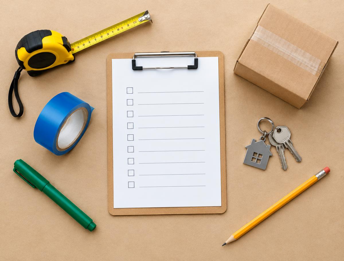Cinta métrica, lista de inventario y caja de cartón