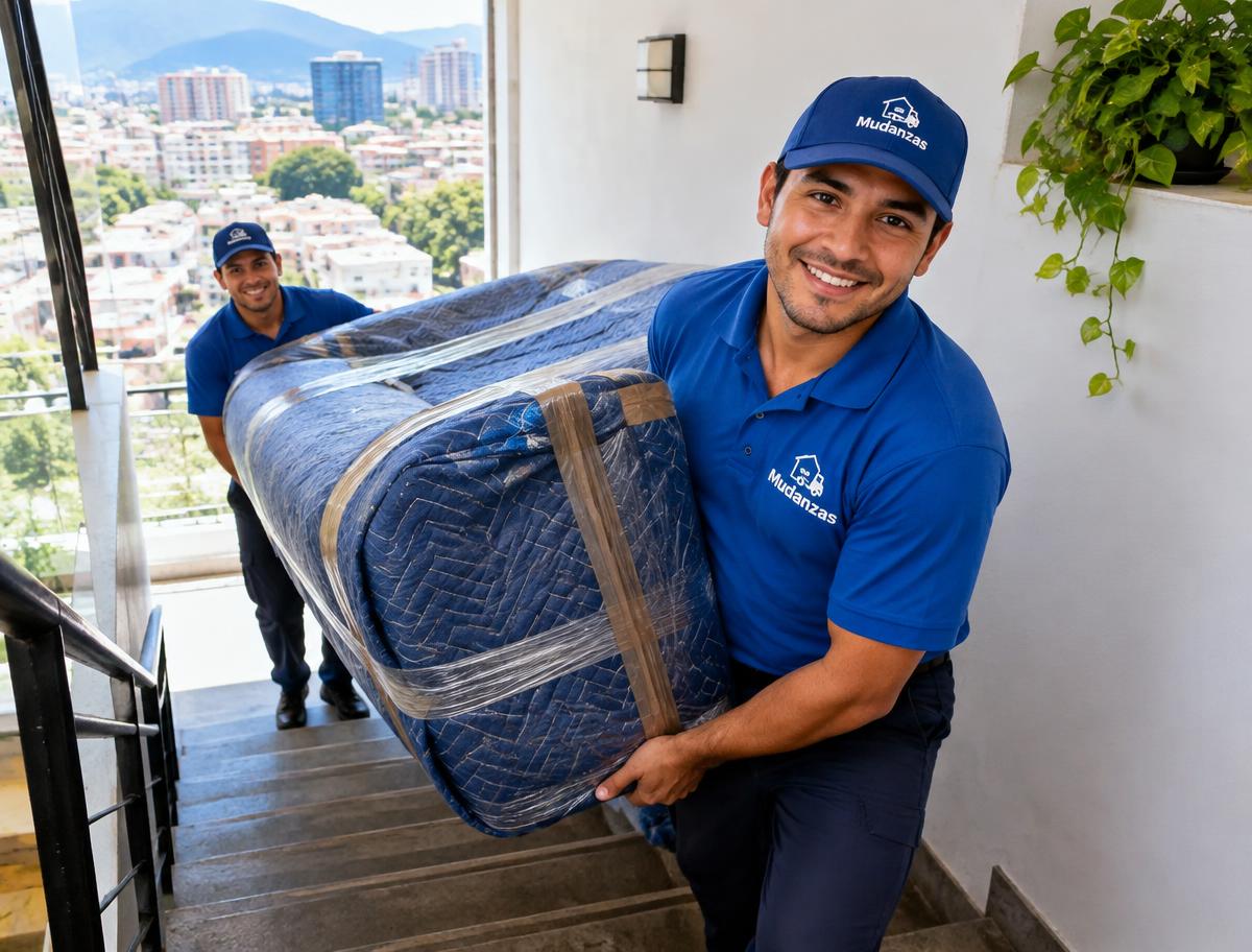 Cuadrilla subiendo un sillón protegido por las escaleras